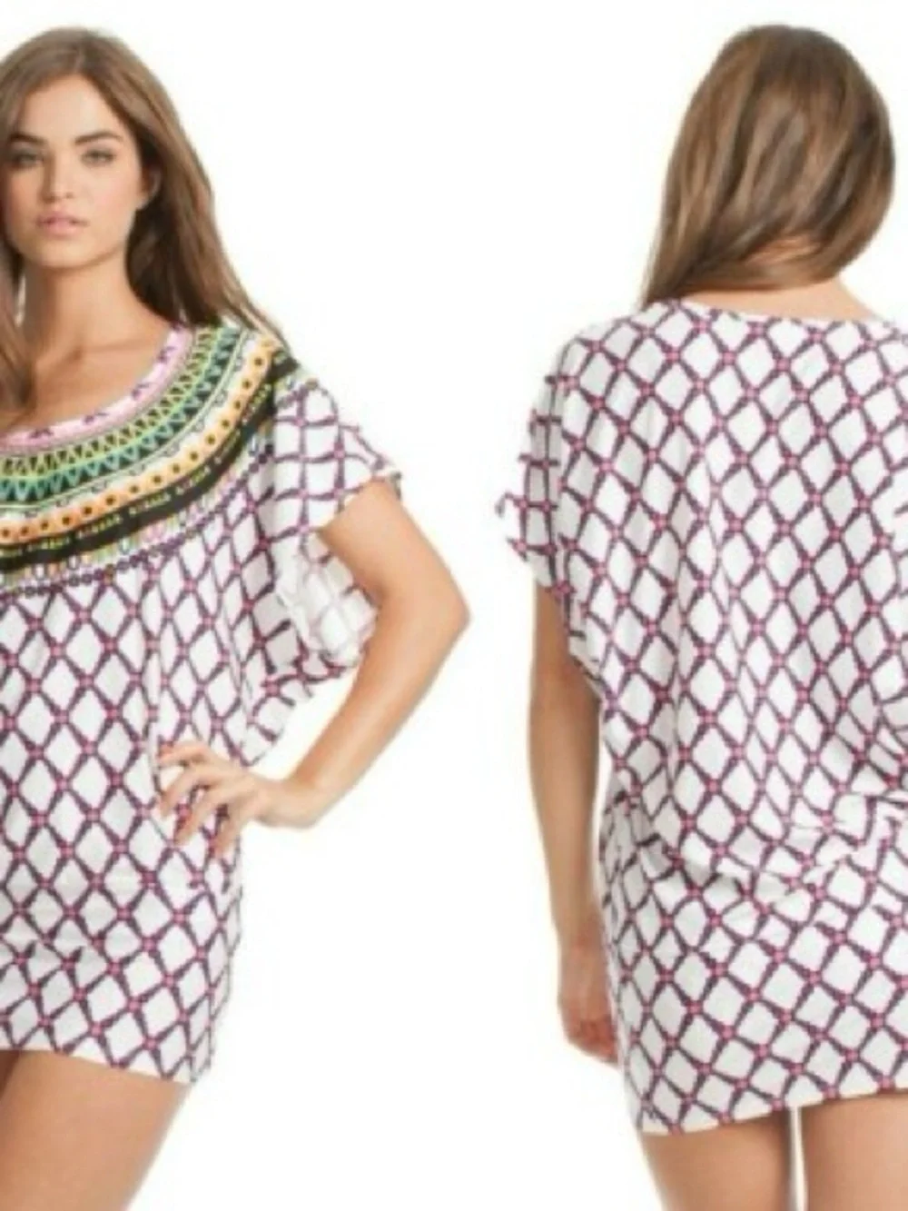 Trina Turk Kon Tiki White Tunic Stretch Jersey Cover Up Dress, Small, vacation